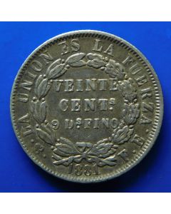 Bolivia	 20 Centavos	1881	 1881 PTS FE   /  XF+ - Silver