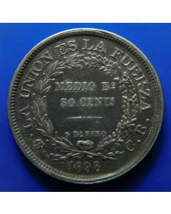 Bolivia	 50 Centavos	1898 PTS CB	 Silver; Potosi Mint; XF+ with nice toning 
