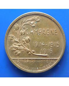 Belgium 	 Medal		ALBERT IER ROI DES BELGES . RV = KZ CAMPAGNE / 1914-1915 / 1916 / USINES DU BI-METAL / 800 / BRUXELLES-FOREST DR: Buste à gauche du roi Albert I en uniforme . RV: Une branche de chêne et du texte
