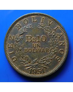 Bolivia	 10 Bolivianos 	1951	 - Bronze