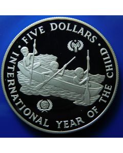 Solomon Islands 	 5 Dollars	1983	 - Year of the Child, Childeren rowing boat - Proof / Silver
