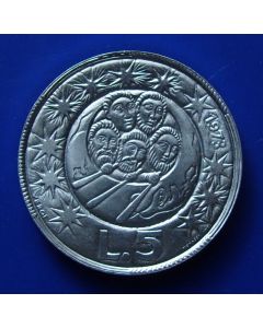 San Marino 	 5 Lire	1973	 Five men rowing a boat, on a globe, under a starry sky