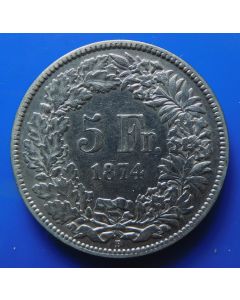 Switzerland 5 Francs1874km# 11 Without dot after B