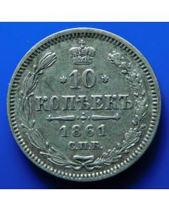 Russia  10 Kopeks1861 Y# 20.2 Bitkin# 293 Conros# 162/24  edge dotted