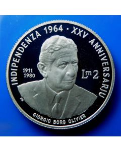 Malta 	 2 Liri	1989	 25th Ann. Of Independence, Giorgio Borg Olivier - Silver