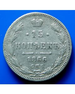 Russia  15 Kopeks1866 Y# 21 Bitkin# 191 Conros# 149/19