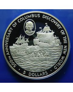 Cayman Islands 	5 Dollars	1988	 500th Ann. Of Columbus' Discovery of America - Silver / Proof