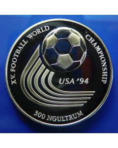 Bhutan 	 300 Ngultrums	1993	 World Championship Soccer; Silver Proof 