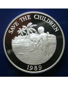 Cayman Islands 	5 Dollars	1989	 - Save the Children Fund, Two children sailing boat in water - Silver / Proof