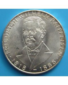 Germany-Federal Republic 	 5 Mark	1968	 150th Ann Birth of Friedrich Raiffeisen – Silver