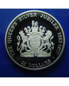 Cayman Islands 	25 Dollars	1977	Crowned arms with supporters, 25th Anniversary of the Accession of Queen Elizabeth II; Silver Proof