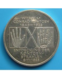 Germany-Federal Republic 	 10 Mark	1995	 150th Birth Ann. Wilhelm Conrad Rontgen – Proof / Silver