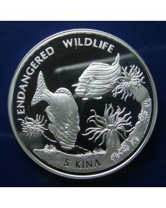 Papua New Guinea 	 5 Kina	1997	 - Two Ribbon Sweetips fish - Proof / Silver