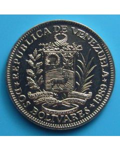Venezuela 	 2 Bolivares	 1989c	 no lines by horse hooves, Coat of Arms in low relief; small bust. Caracas Mint.