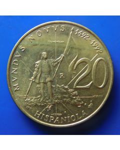 San Marino 	 20 Lire	1992	 Columbus Lands in Brave New World  