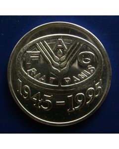 Romania 	 100 Lei	1995	 - 50 Years F.A.O. - UNC / Silver