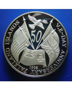 Falkland Islands  50 Pence	1995  Piedfort* –  Siler / Proof. (750pc made) –   50th Anniversary of V.E. Day - Silver