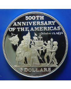 Bahamas 5 Dollars 1991	 Christopher Columbus's arrival in the Americas – Silver / Proof