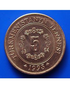 Turkmenistan 	5 Tenge	1993	 - President Saparmyrat Nyyazow, flower like disign