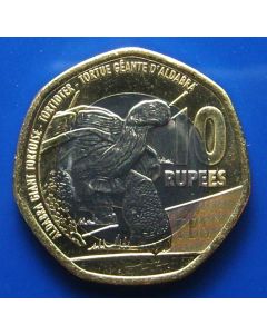 Seychelles 	 10 Rupees	2016	 Aldabra Giant Tortoise with the oblique lines of the Seychelles flag in the background – UNC	