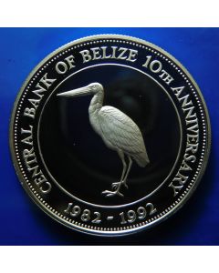 Belize	10 Dollars	1992	 Standing jabiru (Jabiru mycteria) CENTRAL BANK OF BELIZE 10th ANNIVERSARY (only 1000pc made)