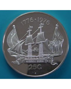 Netherlands Antilles 	 25 Gulden	1976	 U.S. Bicentennial, Sailing ship Andrew Doria - Silver / Proof