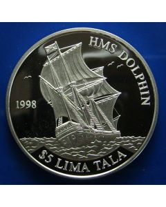 Tokelau 5 Tala  1998	 H.M.S. Dolphin - Silver / Proof