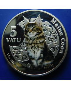 Vanuatu 	 5 Vatu	2015	Main Coon cat – 29,4gram Silver + Inserts Swarovski crystals.