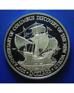 Belize  25 Dollars	1991 Carrack Santa Maria at centre with caravels Nina and Pinta in background.