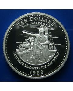 Bahamas 10 Dollars 1988	  -  Proof / Silver - Columbus sighting America – Silver / Proof
