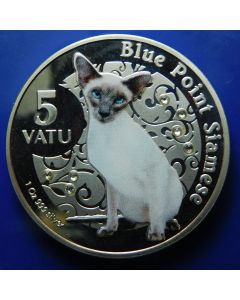 Vanuatu 	 5 Vatu	2015	 Blue Point Siamese – 29,4gram Silver + Inserts Swarovski crystals.