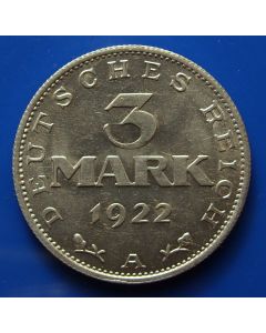 German, Weimar Republic  3 Mark 1922A km# 29   