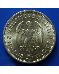  Third Reich 	 5 Reichsmark	 1935A	  - Hindenburg - Silver