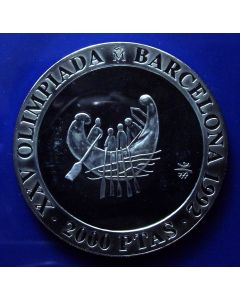 Spain 	 2000 Pesetas	1990	 Ancient boat Olympiada Barcelona -PF (coin die alignment) Silver