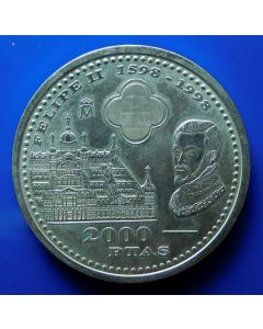 Spain 	 2000 Pesetas	1998	 Philip II  – Silver