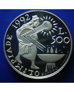 San Marino 	 500 Lire	1991	 Proof, Priester lighting fire with sunbeam