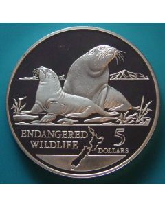New Zealand 	 5 Dollars	1993	 Hooker Sea Lions - Silver / Proof