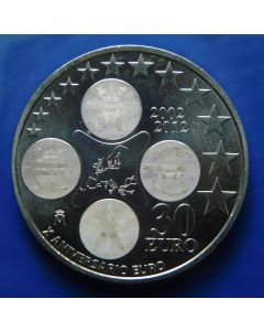 Spain 	 30 Euro	2012	 10th Anniversary of the Circulation of the Euro 