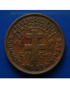 Cameroon 	50 Centimes	1943	 - Cross of Lorraine