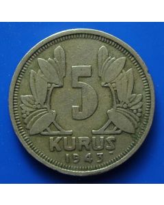 Turkey 	 km# 862 	 Schön# 368     5 Kurus	1943	