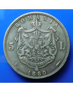 Romania 	 5 Lei	 1880B	 Carol I as Prince, Name near rim