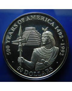 Cook Islands	 50 Dollars	1990	 Inca prince holding spear,  500 Years of America 1492 – 1992; Silver Proof