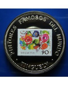Equatorial Guinea 1000 Francos 1995	 Colored Swiss stamp of Jean Tinguely painting.