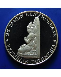 Indonesia 250 Rupiah	1970  - Silver / Proof - 25th Ann. Of Independence, Manjusn statue from Temple of Tumpang 