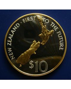 New Zealand 	 10 Dollars	2000	  New Zealand, First to the Future, Millennnium, Gold-plated map - Proof / Silver