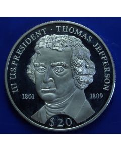 Liberia  20 Dollars 2000  Thomas Jefferson - Silver / Proof