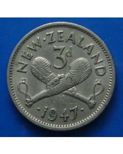 New Zealand 	 3 Pence	1947	Crossed Patu - King George Vl 