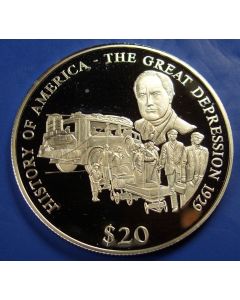 Liberia  20 Dollars 2000   The Great Depression, Roosevelt visiting with people in bread line - Silver / Proof