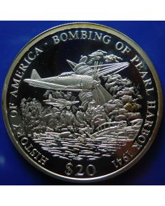 Liberia  20 Dollars 2000  Bombing of Pearl Harbor 1941 - Silver / Proof