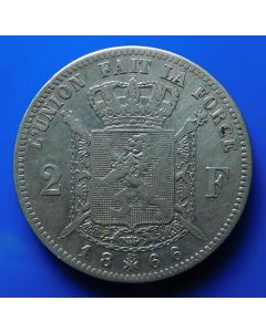 Belgium  2 Francs 1866km# 30.1    Silver 